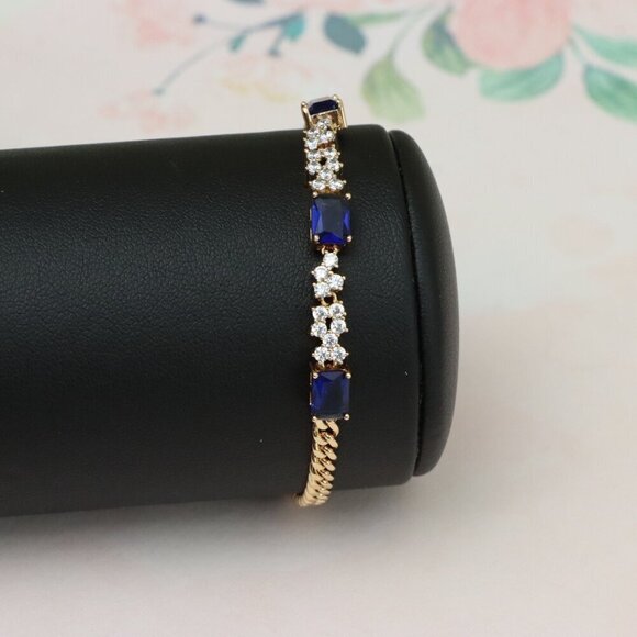 Rose Gold Chain Bracelet with Blue Emerald Cut & CZ, Luxe Contrast Look,XPBL0746 - Picture 8 of 12